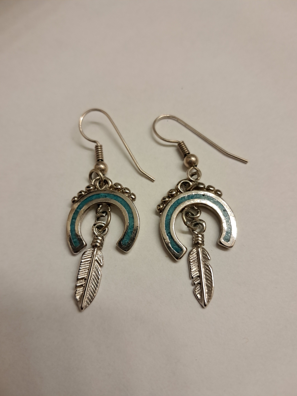 Turquoise Inlay Horseshoe & Feather Dangle Earrings - Women Jewelry